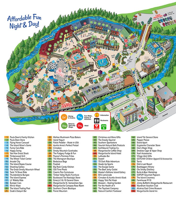 a map of an amusement park with lots of rides and water parks on it's sides