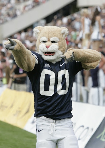 a mascot is standing on the field with his arms in the air while wearing a football uniform