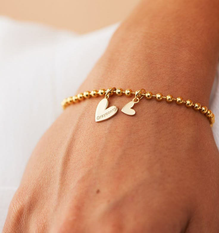 Double Heart Bracelet With Bead Chain                      – Rellery Small Heart Necklace, Double Heart Necklace, Meaningful Jewelry, Bead Chain, Bar Bracelets, Double Heart, Name Bracelet, Gold Plated Bracelets, Heart Bracelet