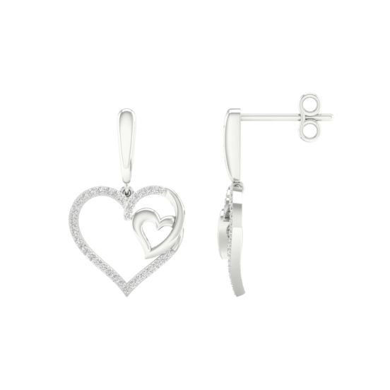 Metal: white-gold-plated silver | Main Stone: Natural Diamond | Diamond Color: H-I | Diamond Clarity: I2 | Metal Stamp: 925 | Total Diamond Weight: 0.2Ctw Elegant Sterling Silver Heart Earrings With Diamond Cut, Elegant Diamond Cut Sterling Silver Heart Earrings, Elegant Sterling Silver Diamond Cut Heart Earrings, Elegant Diamond White Heart Earrings In Sterling Silver, Sterling Silver Heart Earrings With Diamond Cut, Elegant Diamond White Sterling Silver Heart Earrings, Valentine's Day Brilliant Cut Diamond Earrings In Sterling Silver, Diamond White Sterling Silver Heart Earrings For Formal Occasions, Formal Diamond White Sterling Silver Heart Earrings