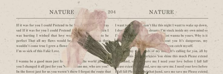 an old book page with pink flowers on it and the words nature written in black ink