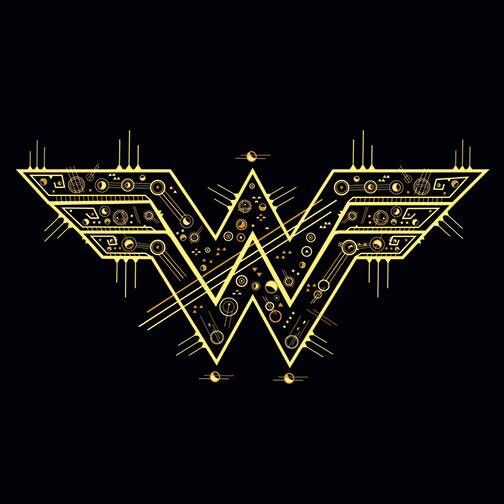 the wonder woman logo on a black background with stars and circles in the shape of a triangle