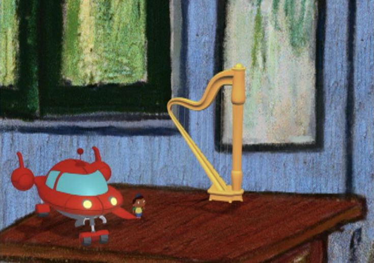 a painting of a cartoon character playing the harp on top of a wooden table in front of a window