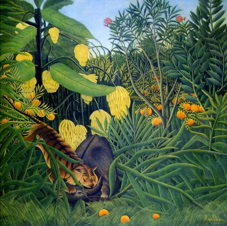 an image of a painting with animals in the jungle and oranges on the ground