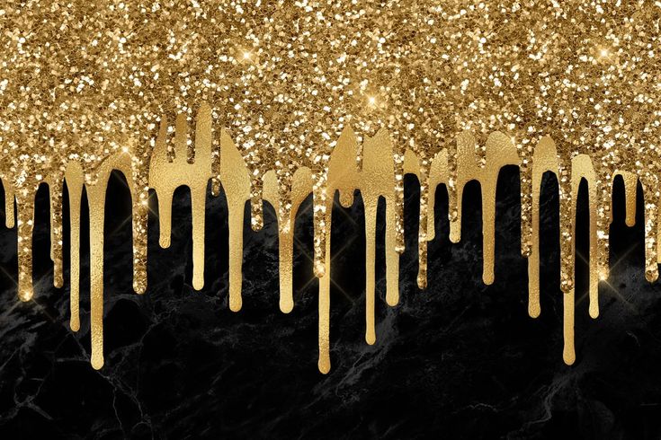 gold dripping paint on a black marble background with golden sparkles in the center and bottom