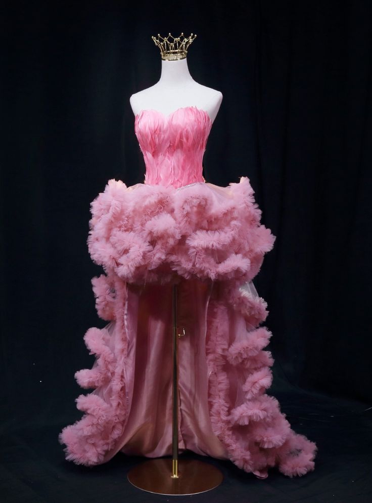 Reimagine your prom night with this whimsical and eye-catching dress, designed to make a grand entrance. The strapless bodice is adorned with delicate feather-like details, creating a soft and romantic texture. The fitted top flows into a dramatic, voluminous skirt, featuring layers of ruffled tulle that cascade down into a high-low hemline. This unique design ensures you capture everyoneattention as you move gracefully through the room. The soft pink hue adds a touch of fairy-tale charm, making it perfect for those who want to feel like a princess. This dress is ideal for making unforgettable memories and standing out with its bold and enchanting design. Organza Fabric Dress, Pink Feather Prom Dress, Big Pink Dress, Hope Scope, Beaded Prom Dresses, Feather Prom Dress, High Low Prom Dress, Crazy Dresses, Side Show