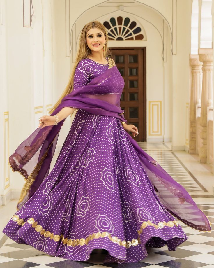 Beautiful Purple Lehenga Set - www.riafashions.com Purple Silk Sharara For Navratri, Fitted Anarkali Sharara With Gota Work, Purple Chanderi Sharara For Navratri, Traditional Purple Sharara With Gota Work, Purple Art Silk Sharara With Dori Work, Silk Bandhani Print Dress With Traditional Drape, Silk Dress With Bandhani Print In Traditional Drape, Silk Dress With Bandhani Print And Traditional Drape, Designer Floor-length Set With Gota Work