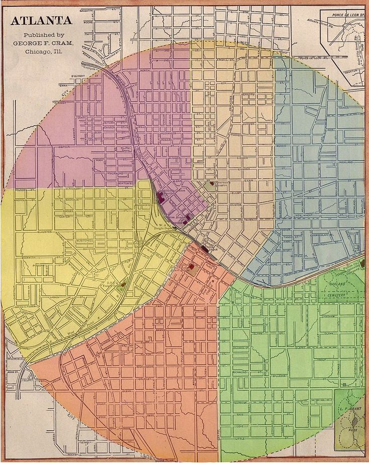 an old map of atlanta showing the various streets and roads that are in different colors