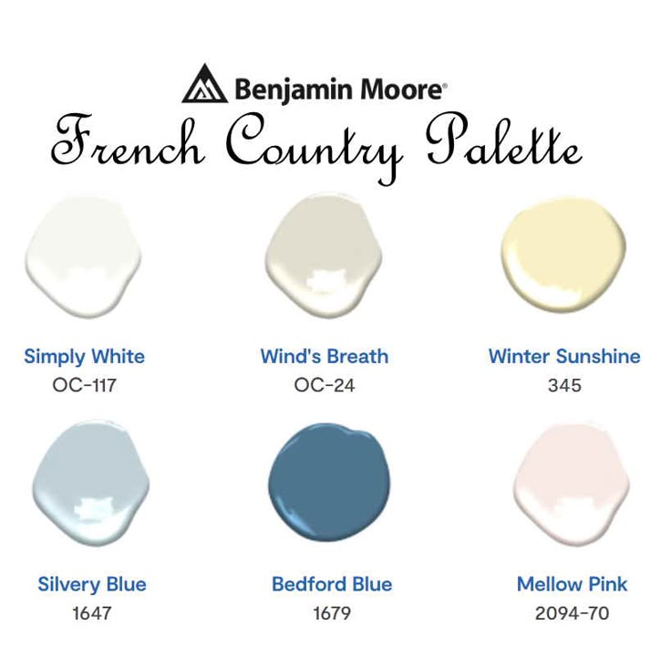 the french country palette is shown in different colors and sizes, including white, blue, yellow