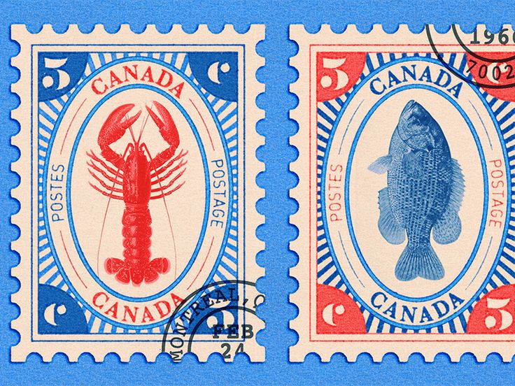 two postage stamps with lobsters and fish on them, one is blue and the other is red