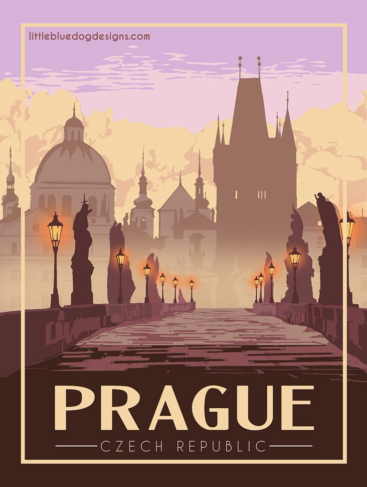 a poster with the name prague in front of a cityscape and street lights