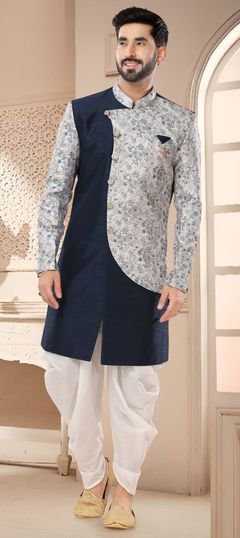 Blue color IndoWestern Dress in Silk fabric with Embroidered, Zari work Formal Blue Kurta With Floral Embroidery, Blue Cotton Wedding Dress, Fitted Blue Kurta With Floral Embroidery, Blue Cotton Dress For Eid, Blue Cotton Formal Dress, Formal Blue Cotton Dress, Blue Fitted Floral Print Kurta, Blue Cotton Kurta For Wedding, Blue Cotton Wedding Kurta