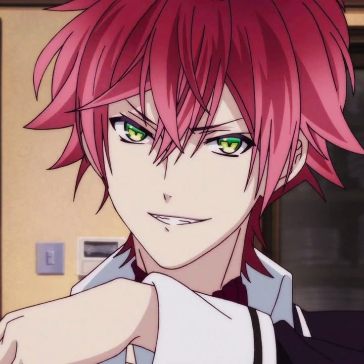 an anime character with red hair and green eyes looking at the camera while holding his hand on his shoulder