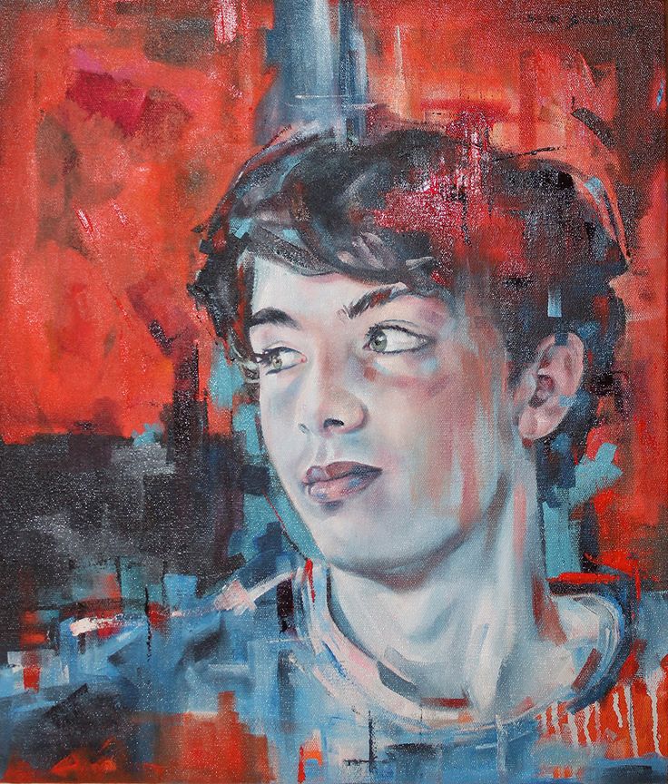 a painting of a young man's face on a red and blue background,