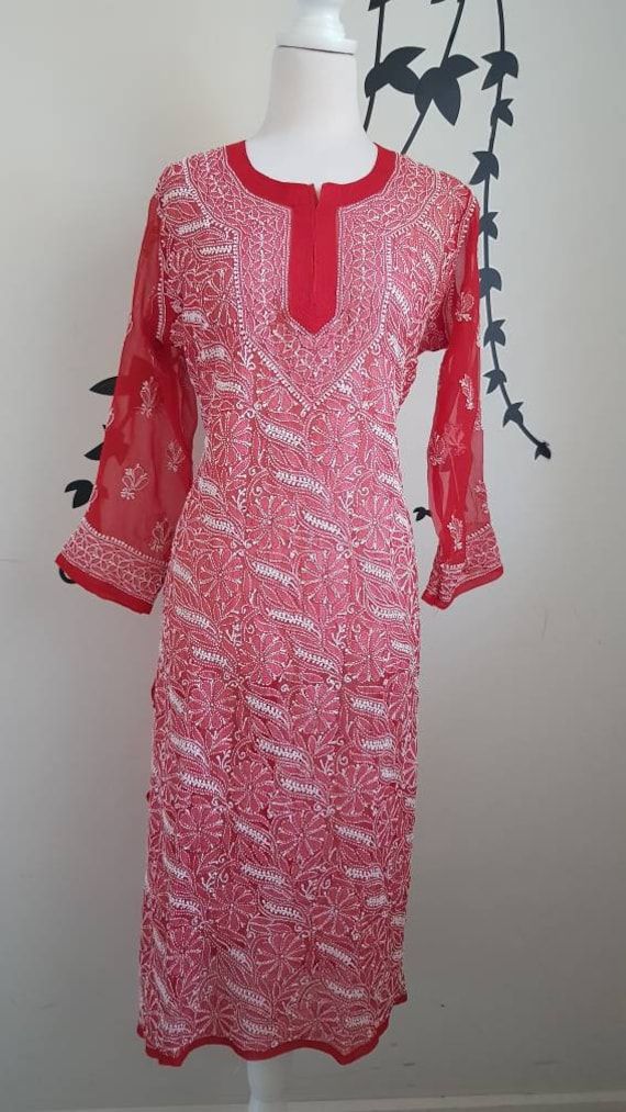 Chikankari tunic, hand Embroidery beach cover up, Kurta,long tunic, kurti, Indian blouse, Faux Georgette, Full Embroidery  Long tunic /Kurta is one of the georgious attire for warm whether. Airy and light weight companion for a hot summer day. This beautiful Hand embroidered tunic/top is ideal for any functions / parties. If you want classic look then pair it with leggings, skinny jeans, capri. This is contemporary reflection of traditional India Chikan embroidered ethnics which had originated c Red Chikankari Kurta, Hand Embroidered Tunics, Embroidery Beach, Tunic Kurti, Chikankari Kurta, Ibiza Style, Embroidered Tunic Top, Ibiza Fashion, Indian Blouse