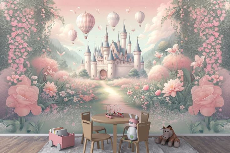 a child's room with a castle mural and pink flowers on the wall, along with two teddy bears