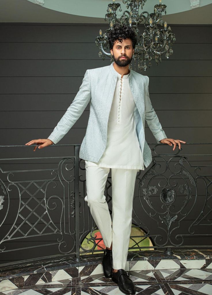 Buy Mushq Cotton Festive Coat for Men - ETHER (C) - Online in Pakistan Trendy Suits For Men, Prince Coat For Men, Engagement Outfit For Man, Indowestern Outfits For Men, Indian Mens Clothing, Indo Western Outfits For Men, Traditional Indian Mens Clothing, Engagement Dress For Men, Reception Suits