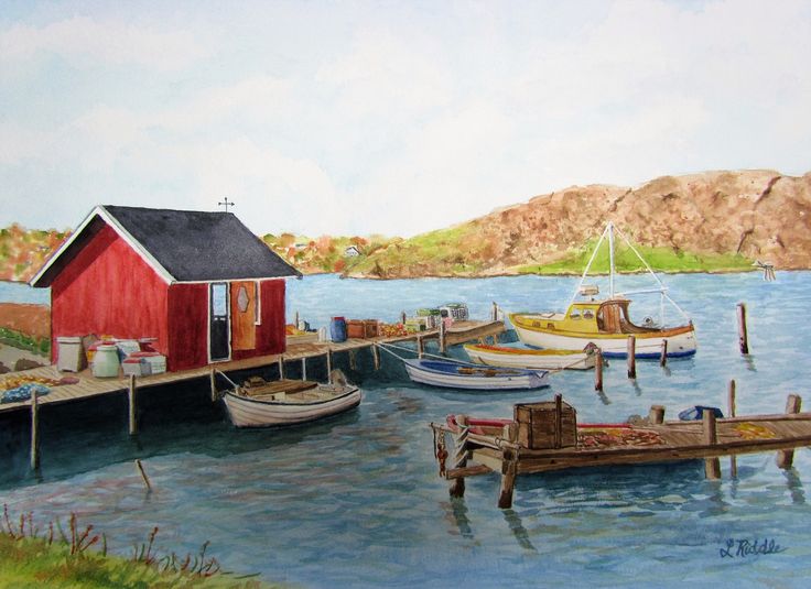 a painting of boats in the water near a dock with a red house on it