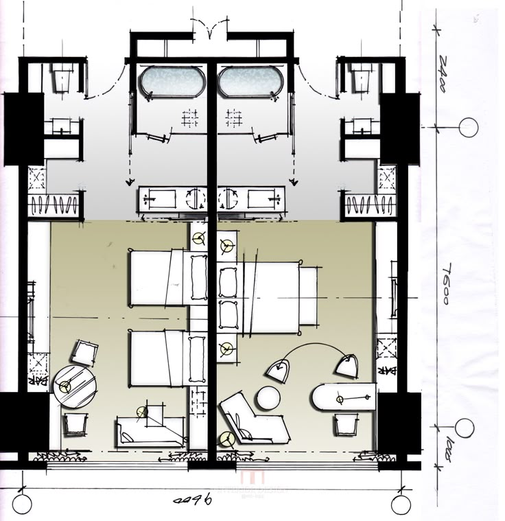 the floor plan for an apartment with two separate living areas and one bedroom on each side