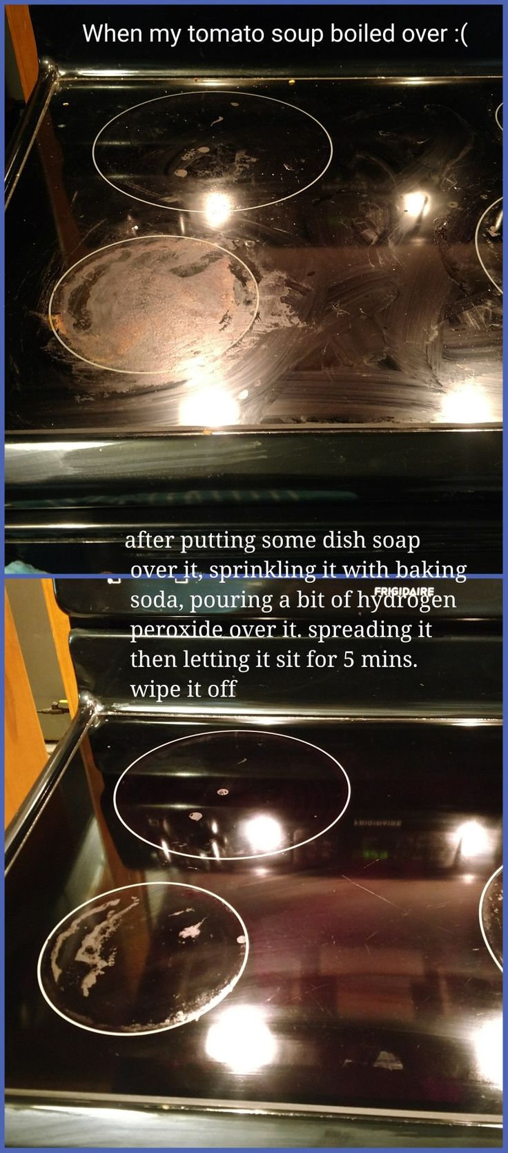 two pictures showing how to clean an oven with baking soda and hot water in it