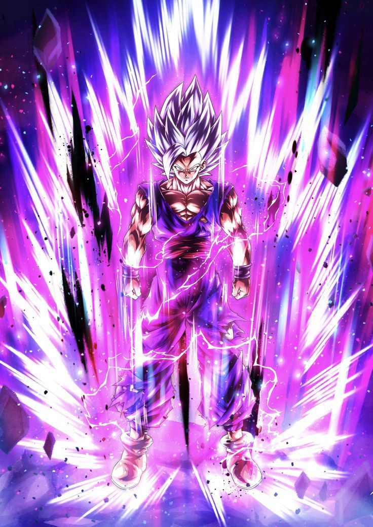 the dragon ball super saishi is standing in front of purple and blue ...