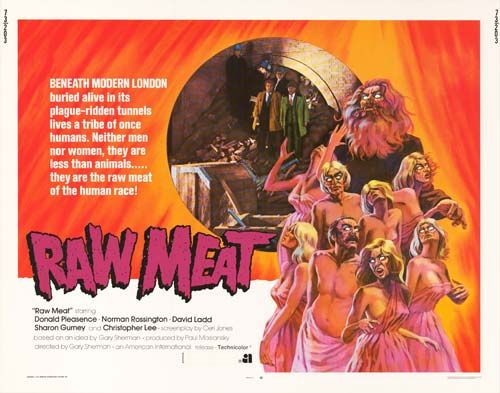 a movie poster for the film raw meat, starring women in pink dresses and men in green