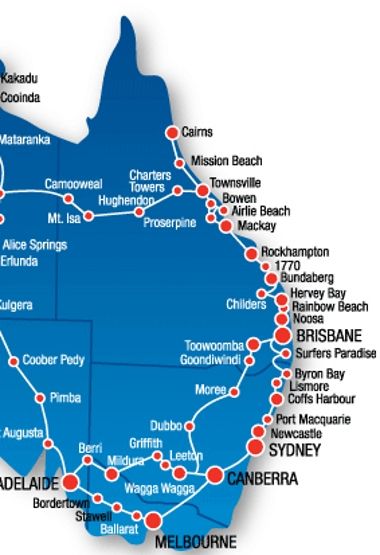 map of australia with all the major cities and roads in red, blue and white