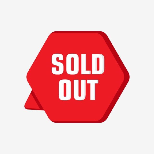 a red sold out sticker with the words sold out on it's side