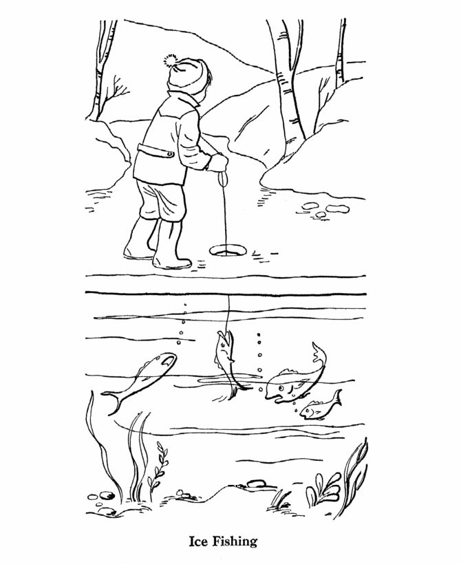 a cartoon depicting two people fishing in the water, and one man is looking at fish