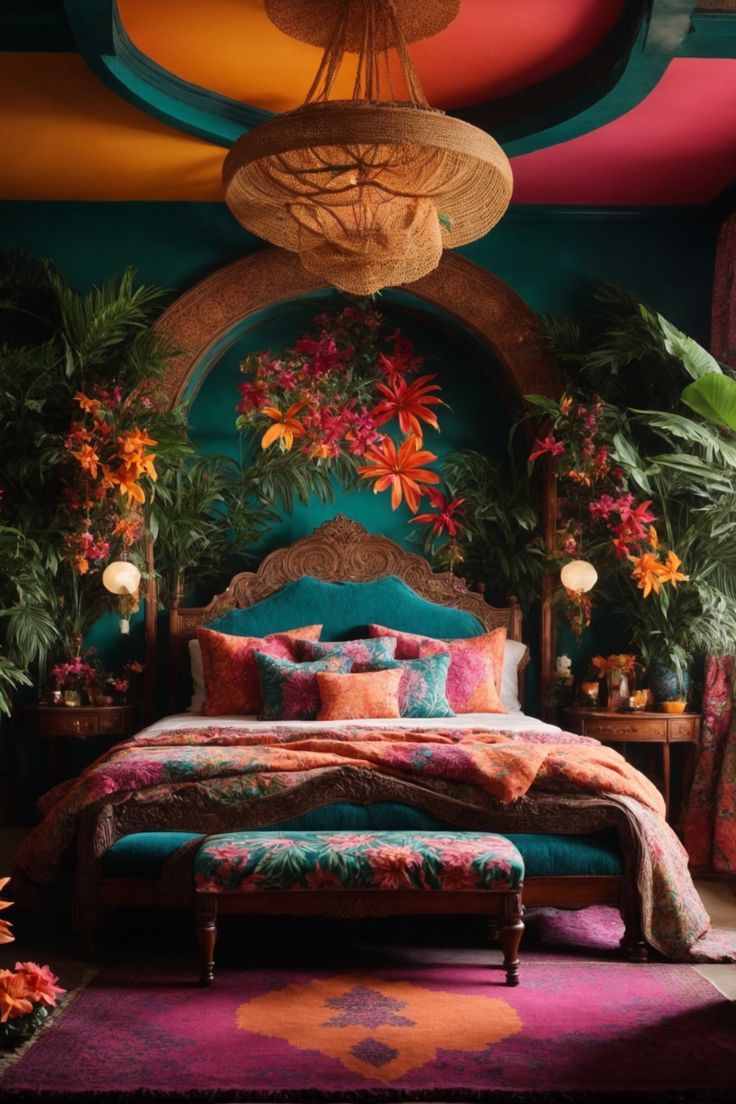 Revel in this breathtaking bedroom paradise, where tropical wall decor ...