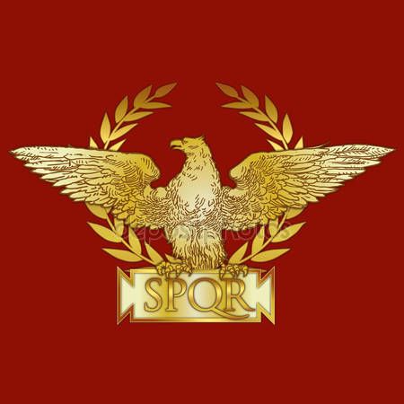 a golden eagle with the word spqr on it's chest and wings