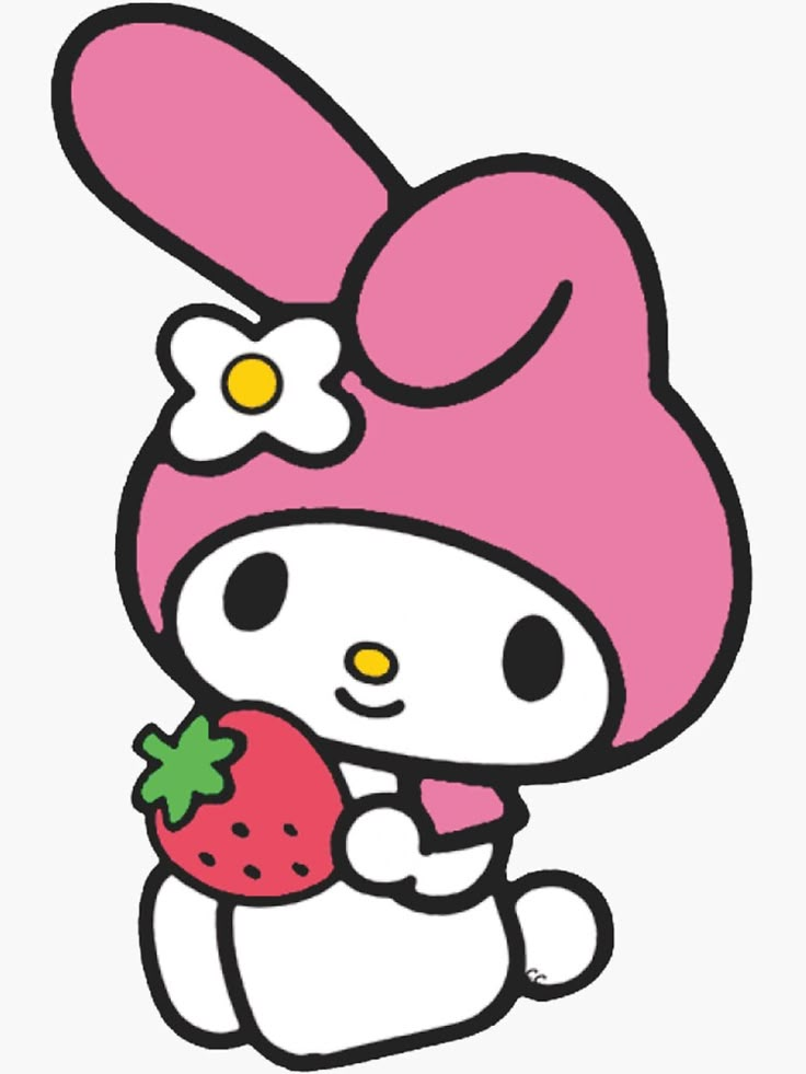 the hello kitty is holding a strawberry in her hand and wearing a pink hat with flowers on it