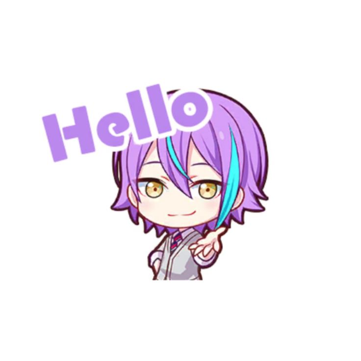 an anime character with purple hair and the word hello on it's face, in front of a white background