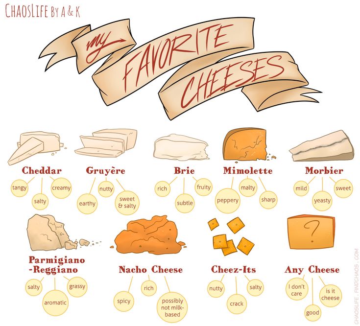 the different types of cheeses that are labeled in each part of the diagram,