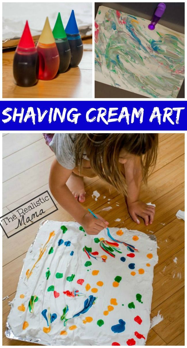 the collage shows different stages of shaving cream art for kids to make with crayons