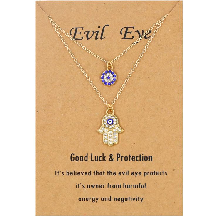 PRICES MAY VARY. The design of "evil eye"is inspired by the traditional Amulet of the Middle East, which represents the guardian. It is also known as the eye of Turkey, which means to protect and keep the bad things out. It is said that the evil eye can absorb the evil and jealousy of outsiders. 2pcs Necklace Set - One evil eye necklaces and one hamsa necklace, that can be worn individually or be layers. Adjustable Size - The evil eye necklace has 16.5''chain +2''extention chain, and the hamsa n Hamsa Hand Jewelry, Steel Blue Eyes, Heart Envelope, Hamsa Evil Eye, Best Gift For Wife, Symbol Of Luck, Lucky Charm Necklace, Hand Pendant, Protection Jewelry