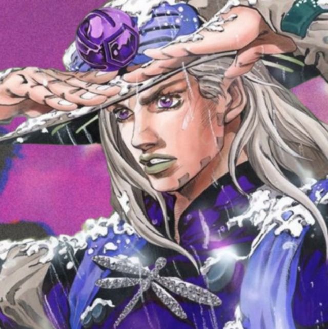 an anime character with long hair and blue eyes wearing a purple outfit, holding his hands on his head