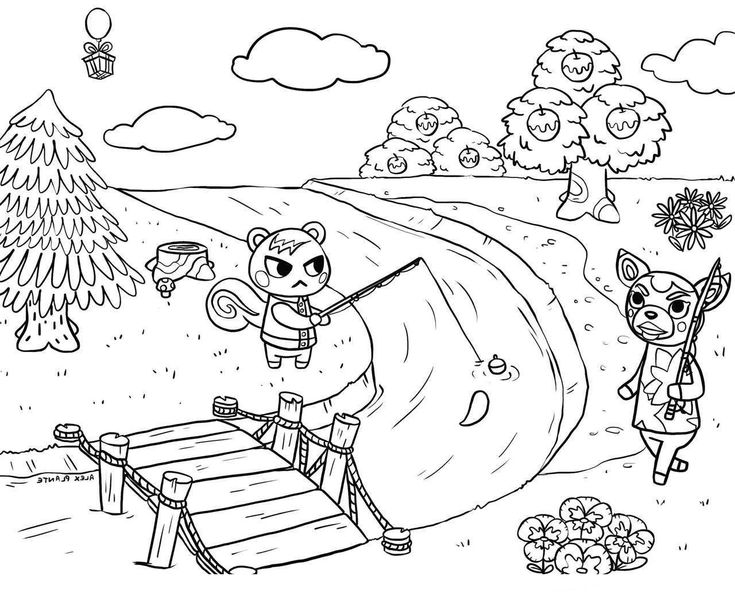 a cartoon bear fishing on the river with another animal nearby coloring page for kids, black and white