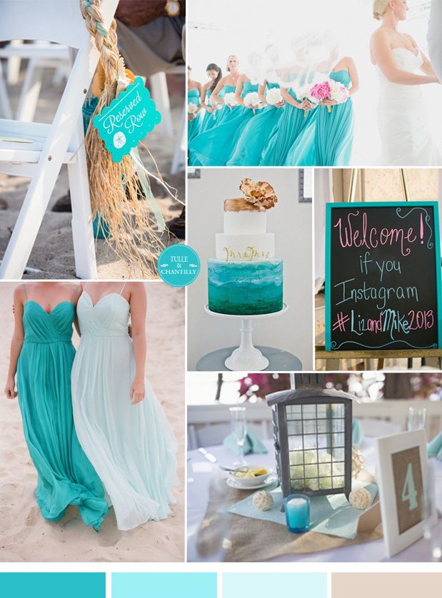 a collage of photos with blue and green colors on it, including the bride's dress