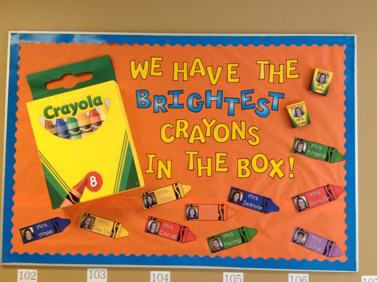 a bulletin board with crayons in the box written on it and magnets