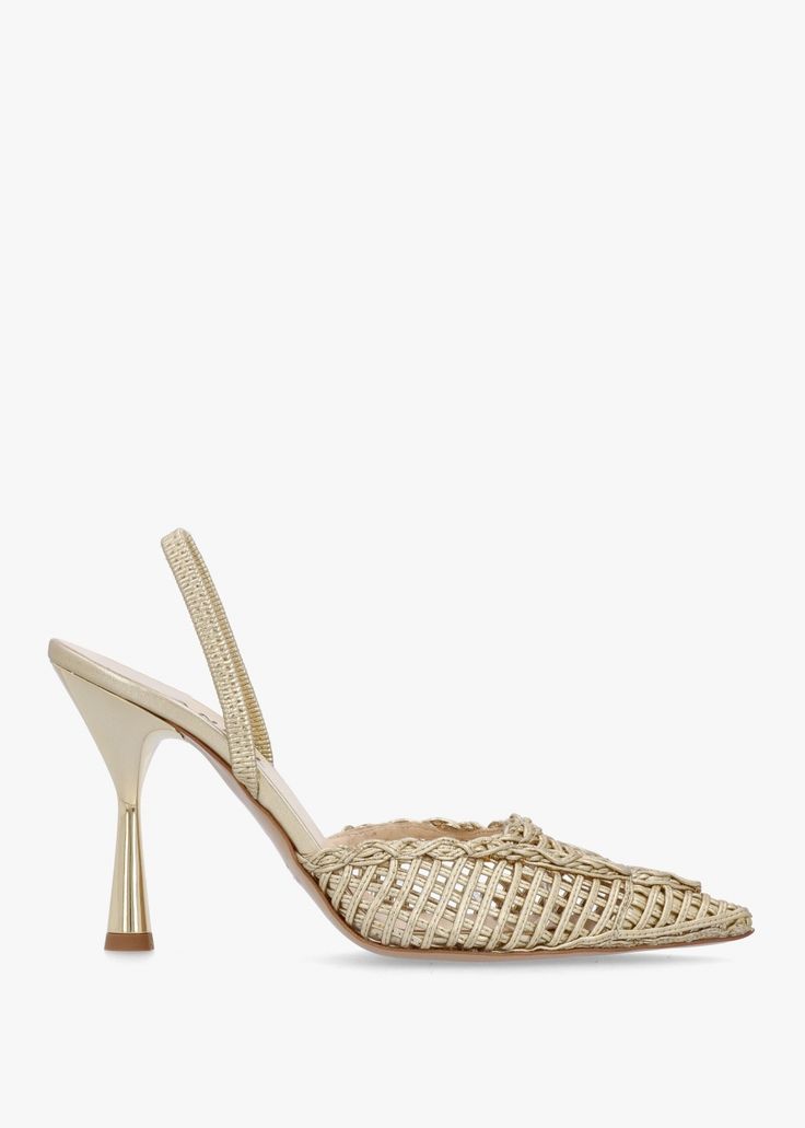 Daniel Tiffi Gold Leather Woven Sling Back Heeled Shoes Gold Pointed Toe Slingback Pumps For Office, Ralph Lauren Love, Espadrilles Men, Moccasins Mens, Shoe Wishlist, Occasion Shoes, Leather Weaving, Valentino Bags, Foot Bed