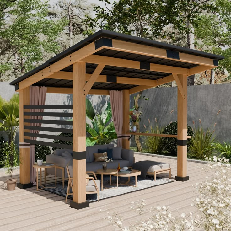 an outdoor living area with couches, tables and a pergolated gazebo