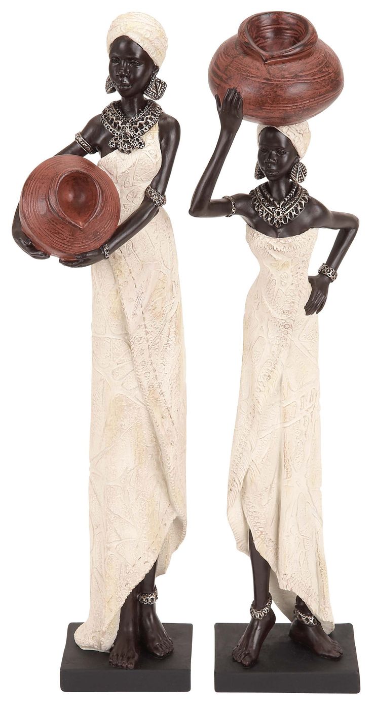 pair of african figurines, one holding a bowl and the other carrying a basket