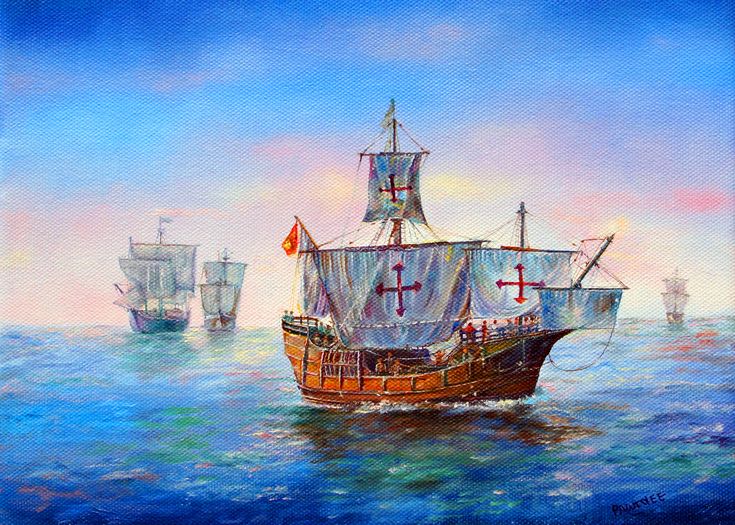 an oil painting of three ships sailing in the ocean with one red cross on it's mast