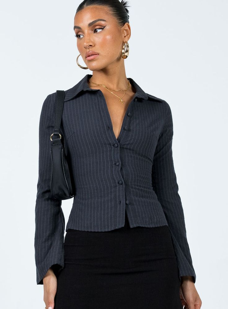 Anni Pinstripe Shirt Black Fitted Black Top With Vertical Stripes, Fall Pinstripe Button-up Shirt, Business Casual Vertical Stripes Button-up Tops, Collared Tops With Vertical Stripes For Fall, Collared Pinstripe Top For Workwear, Fall Pinstripe Long Sleeve Tops, Fall Button-up Shirt With Vertical Stripes, Black Long Sleeve Blouse With Vertical Stripes, Pinstripe Long Sleeve Office Tops