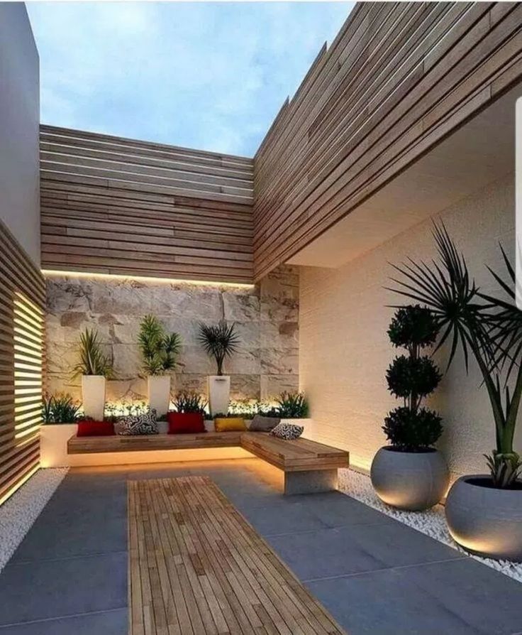 an outdoor living area with plants and lights