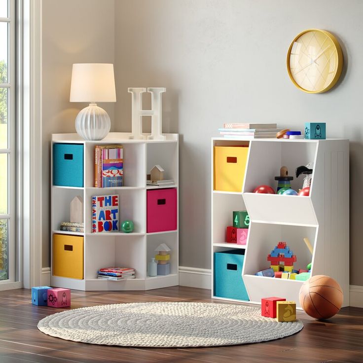 a child's room with toys, bookshelves and a basketball on the floor