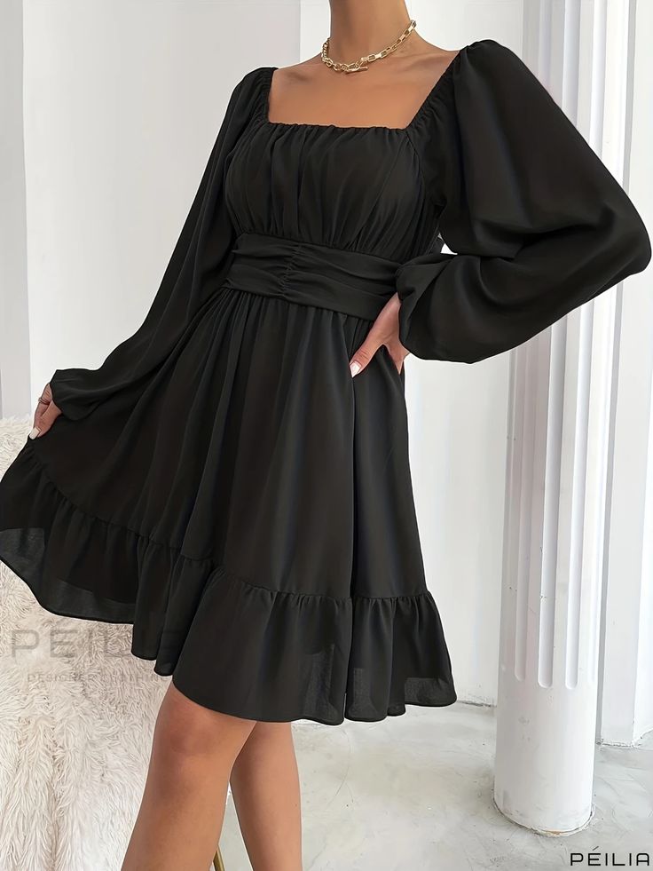 Peilia - Lantern Sleeve Dress with Tie Back Detail and Cinched Waist, Square Neck Ruched Dress - Womens Fashion Baddie Aesthetic, Women Bodycon Dress, Lantern Sleeve Dress, Dress Flowy, Ruched Top, New Chic, Birthday Party Dress, Ruffle Hem Dress, Knee Dress