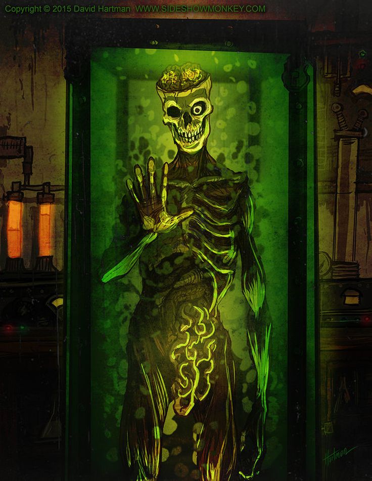 a painting of a skeleton holding a knife in front of a green background with words on it