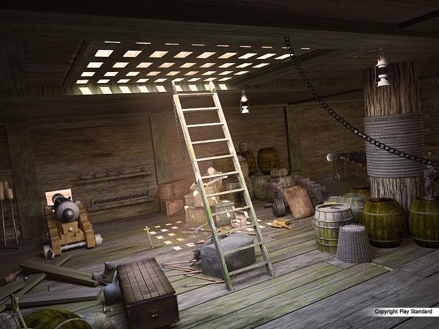 a room filled with lots of barrels and a ladder on the floor next to it